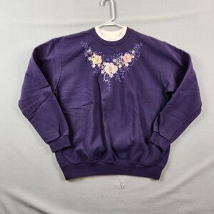 Vintage Floral Print Day Breeze Grandma Sweater Women's Large Purple